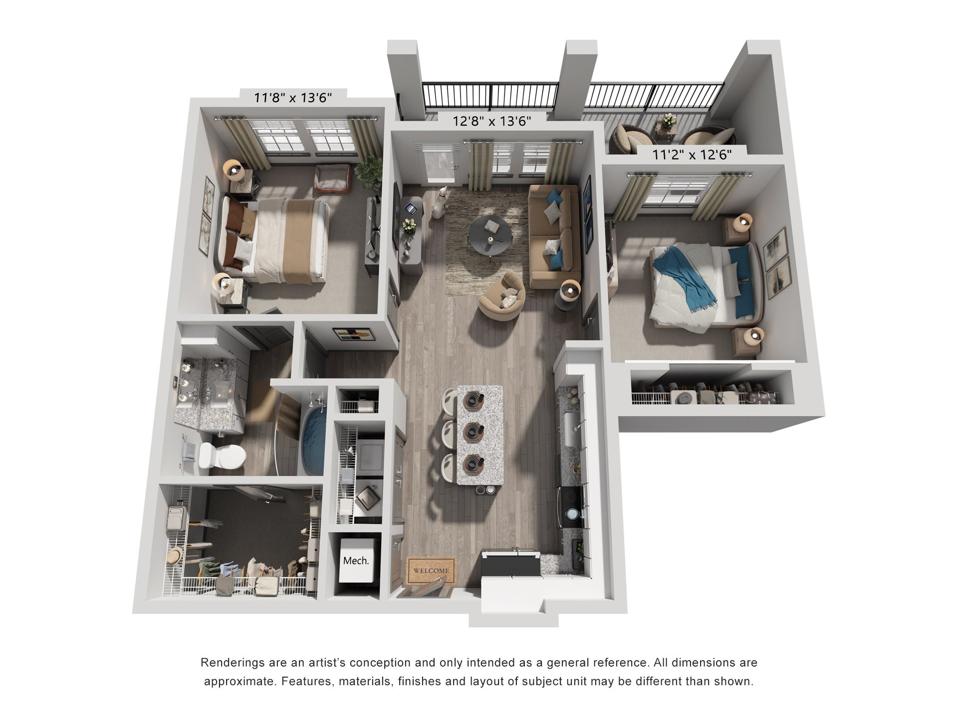 Floor plan for 2 beds, 1 bath, 935 sqft